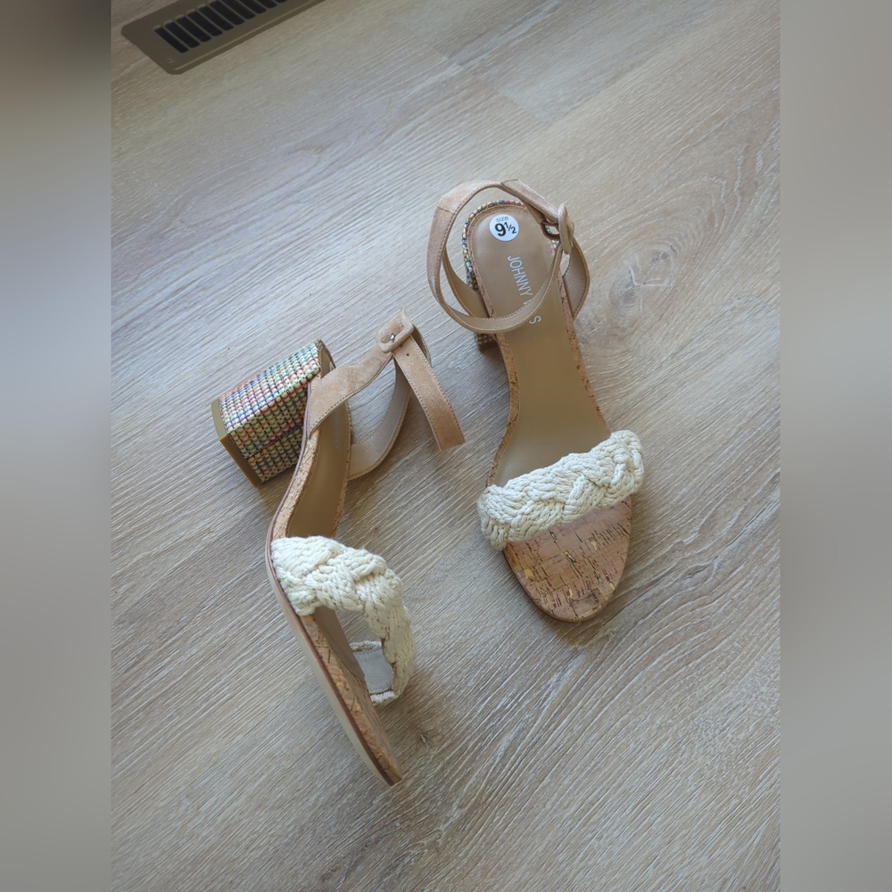 Johnny Was Braided Block Heeled Sandals White Cork Size 9.5 NEW